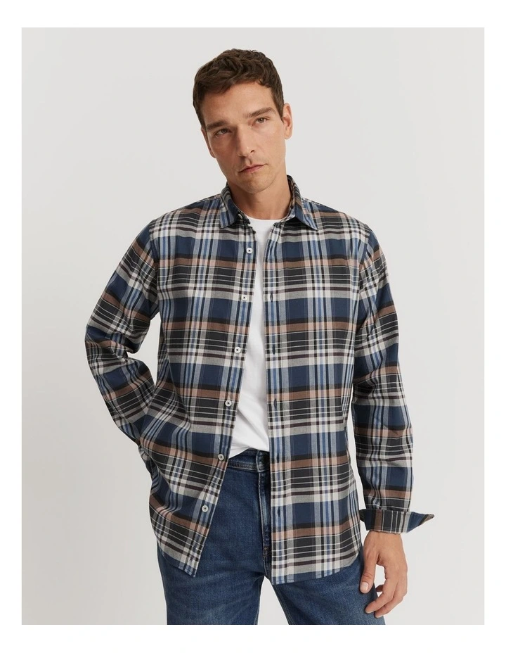 Regular Fit Good Earth Cotton Flannel Check Shirt in Navy