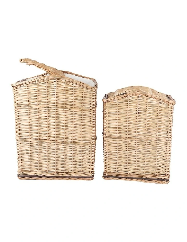 2 Piece Wicker Storage Baskets With Lid Set In Brown