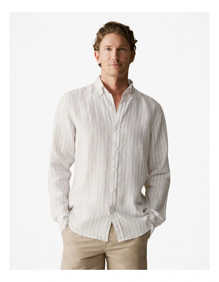 Regular Fit Linen Stripe Shirt in Flax