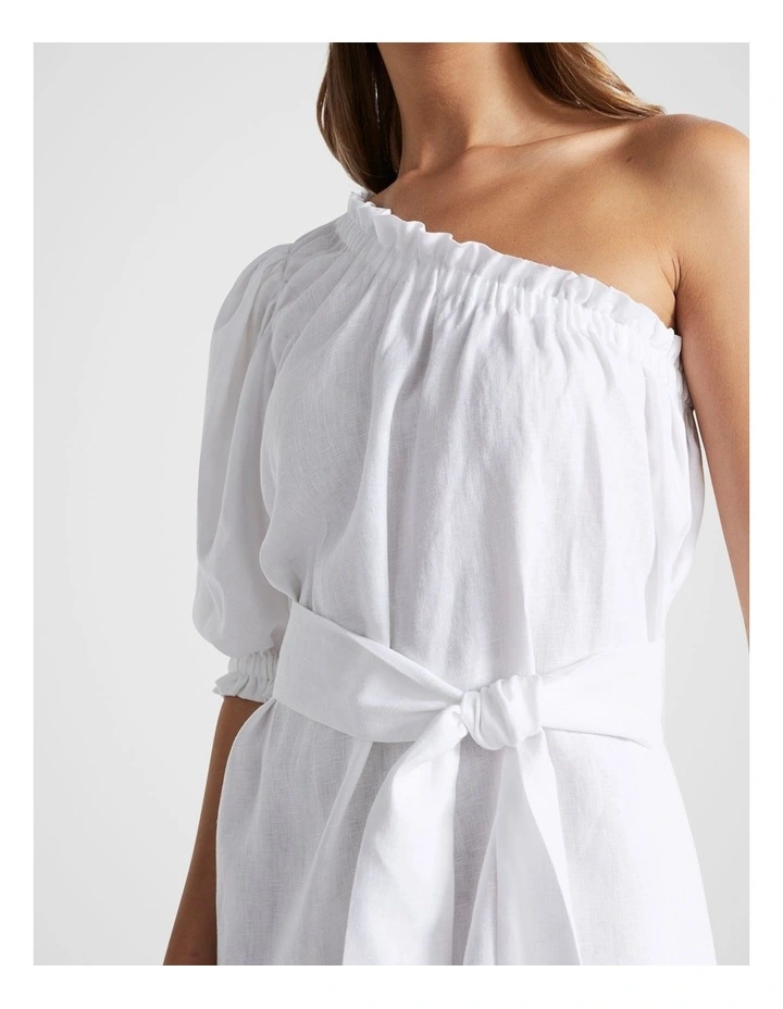 Linen One Shoulder Mini Dress in Whisper White