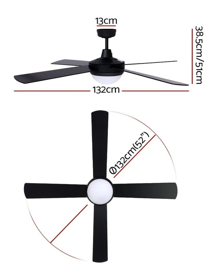 52'' Ceiling Fan 4 Blade With Light Remote Control in Black