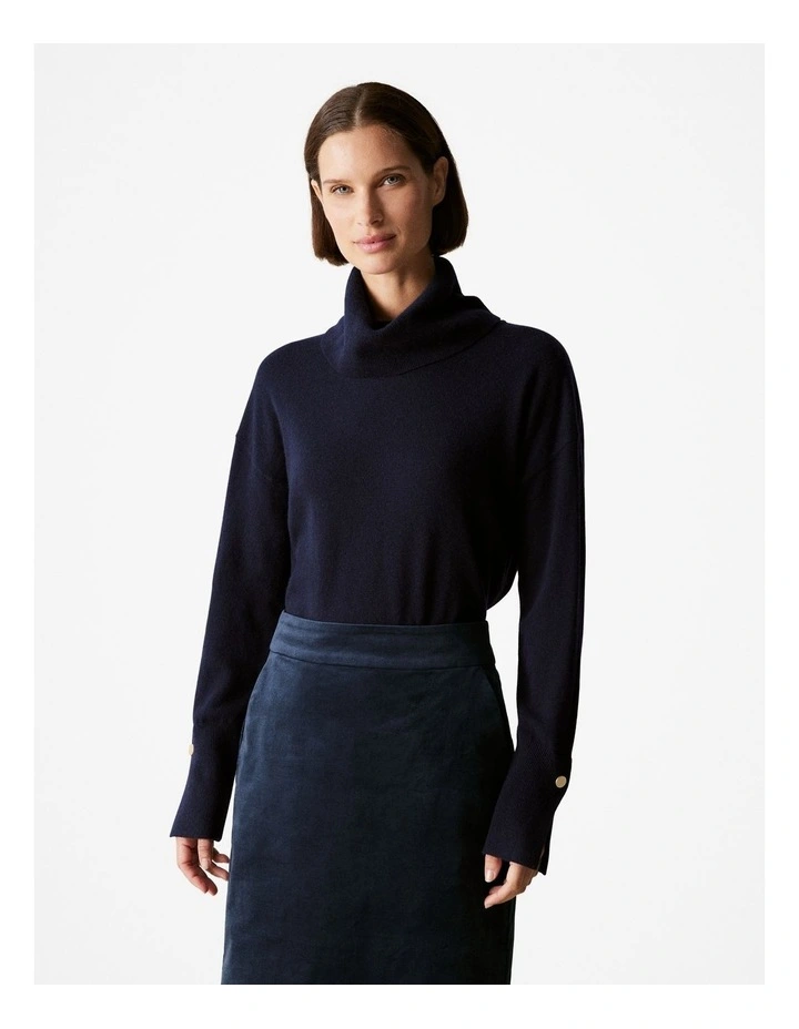 Wool Blend Button Detail Relaxed Rollneck in Night Sky