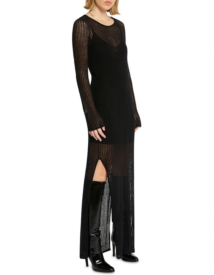 Laddered Long Sleeve Knit Dress in Black