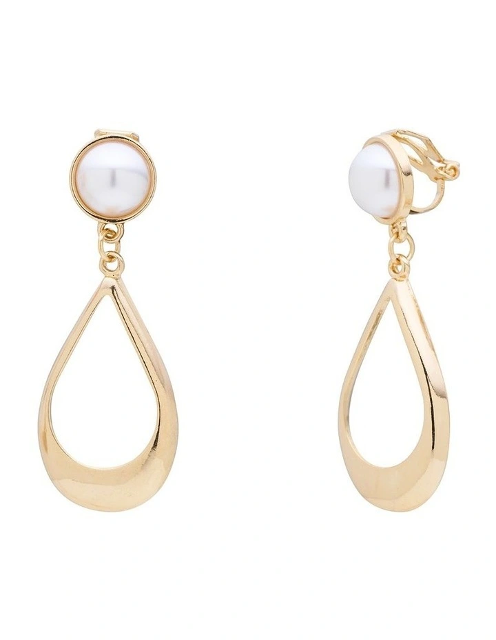 Pearl Window Drop Clip Earring in Gold