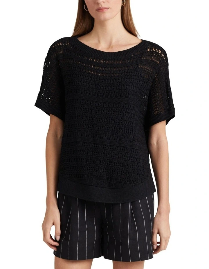 Cotton Mesh Short Sleeve Sweater in Black