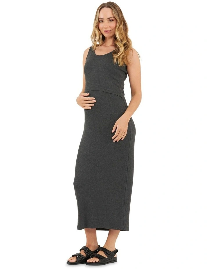 Rib Midi Nursing Dress in Charcoal Marle