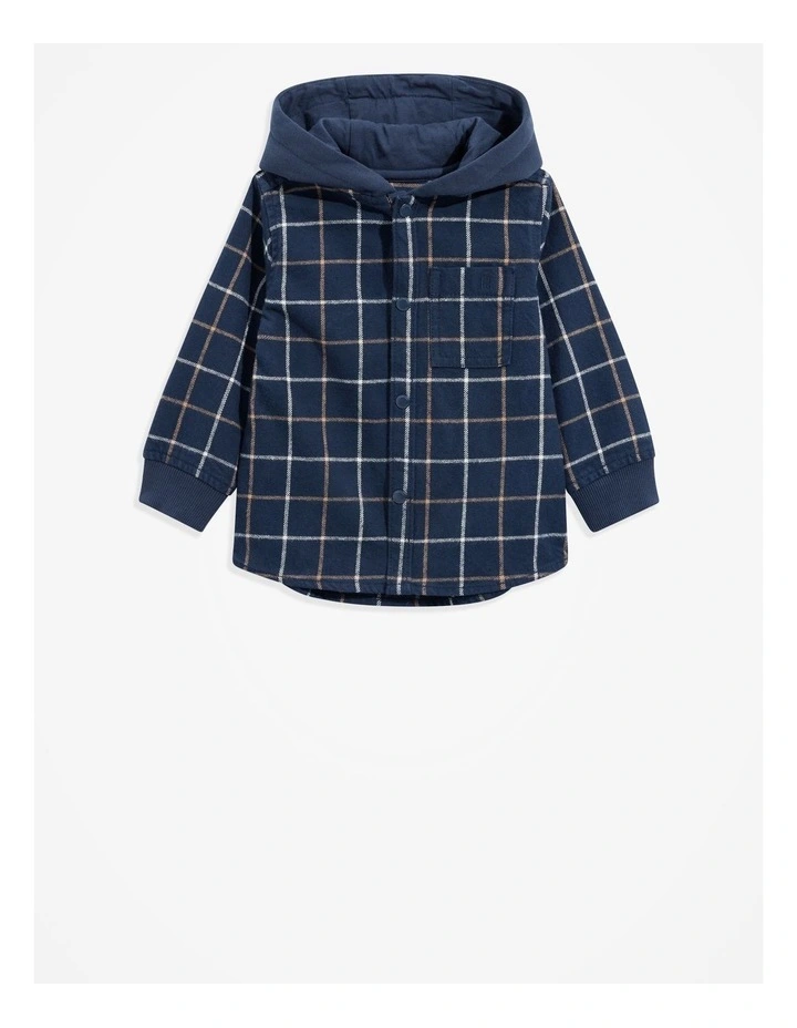 Check Hooded Shirt in Navy