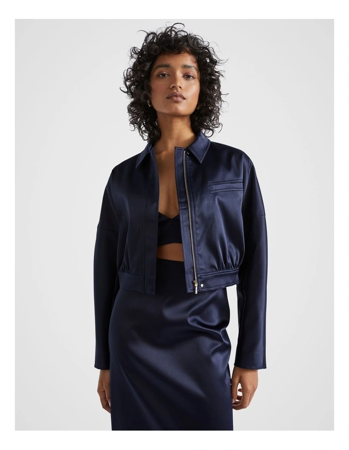 Satin Bomber Jacket in Midnight Sky