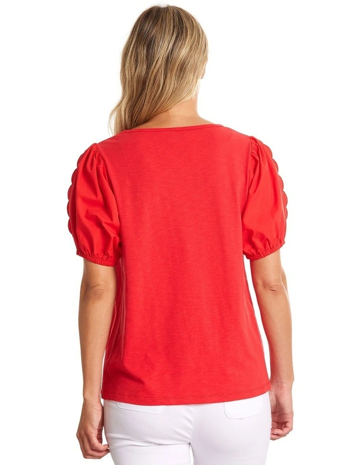 Scalloped Short Sleeve Tee in Radiant Red