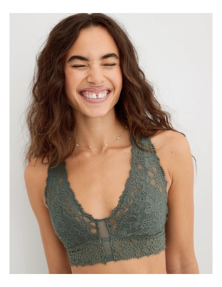 Show Off Eyelash Lace Padded Plunge Bralette in Olive
