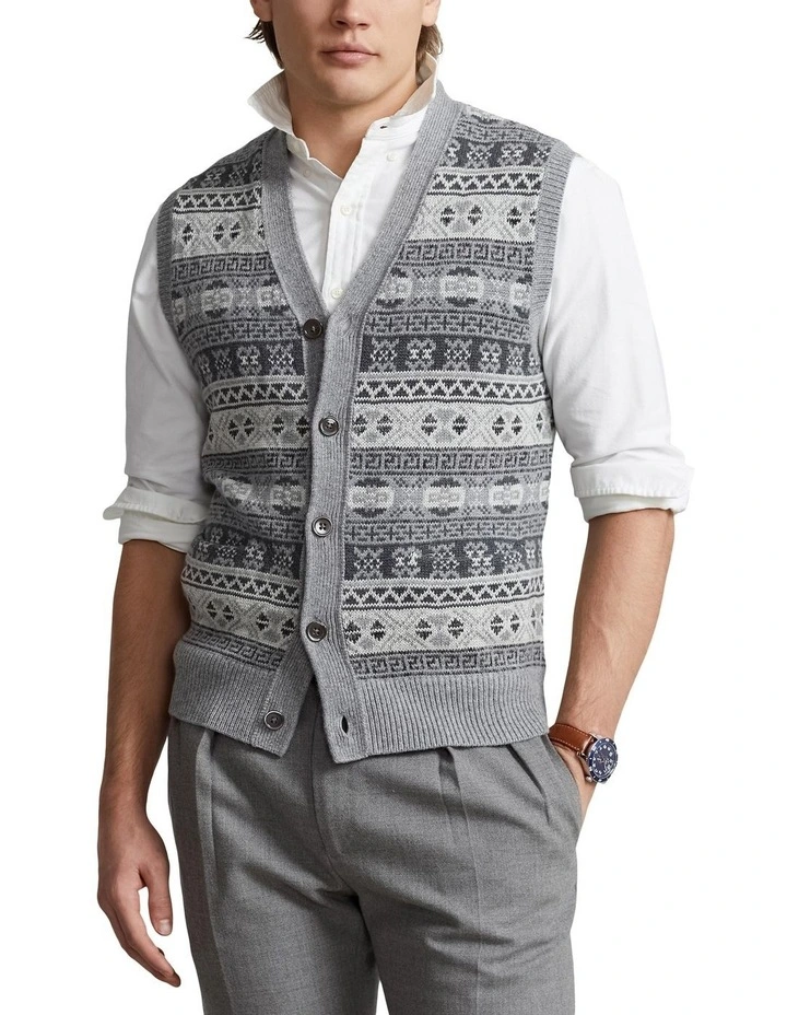 Fair Isle Cotton Blend Sweater Vest in Grey