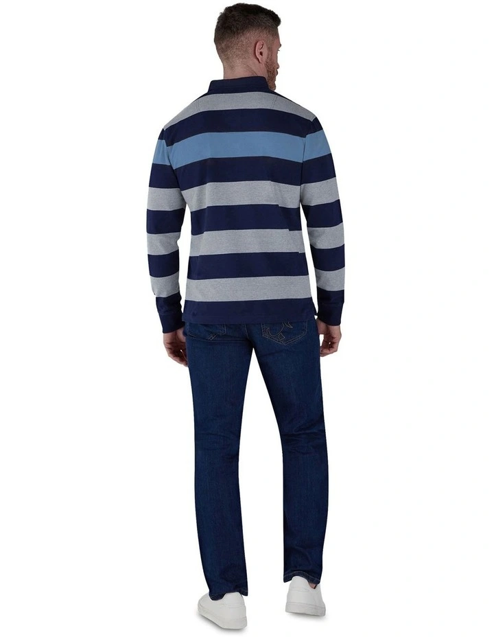 Irregular Stripe Long Sleeve Rugby Denim Shirt in Blue