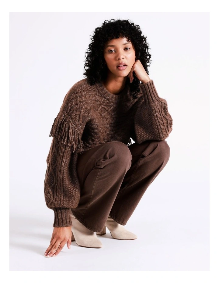 Wanda Life Long Sleeve Fringe Knit Pullover in Brown