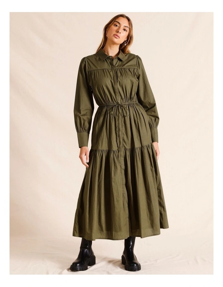 Drawstring Maxi Shirt Dress in Khaki
