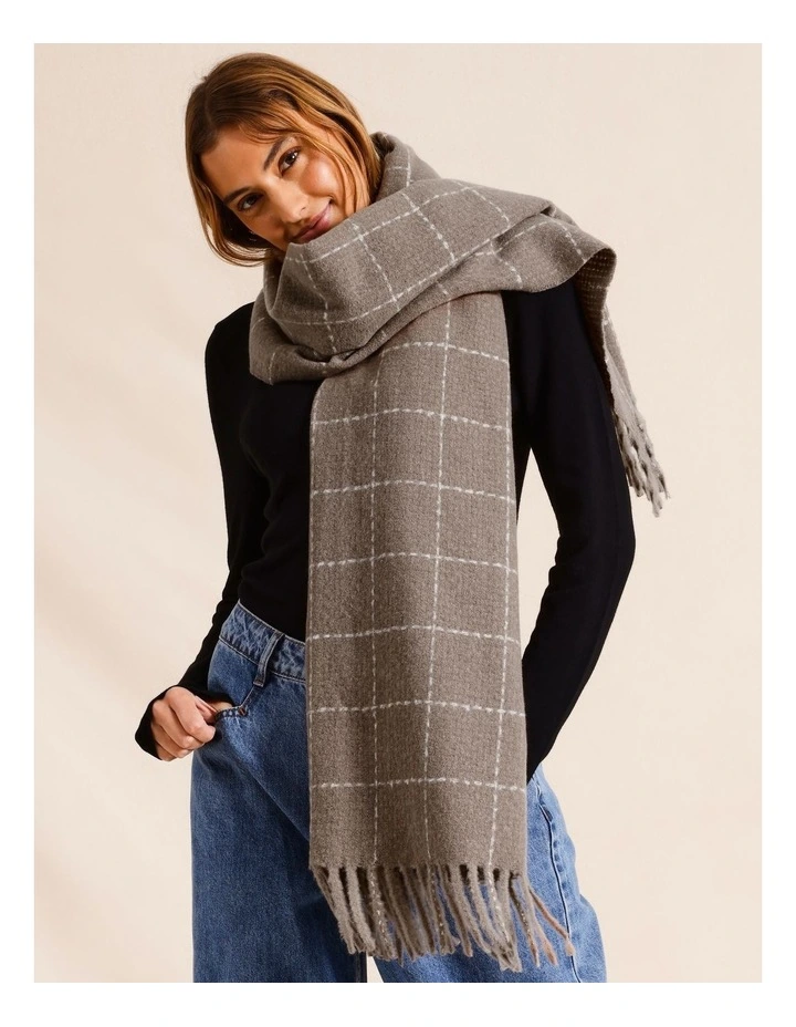 Check Winter Scarf With Tassel in Brown
