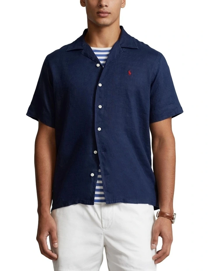 Classic Fit Linen Camp Shirt in Navy