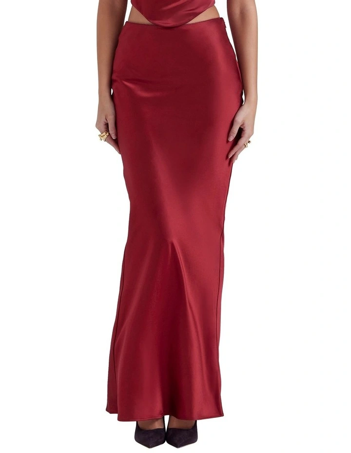 Sydel Satin Bias Cut Maxi Skirt in Ruby