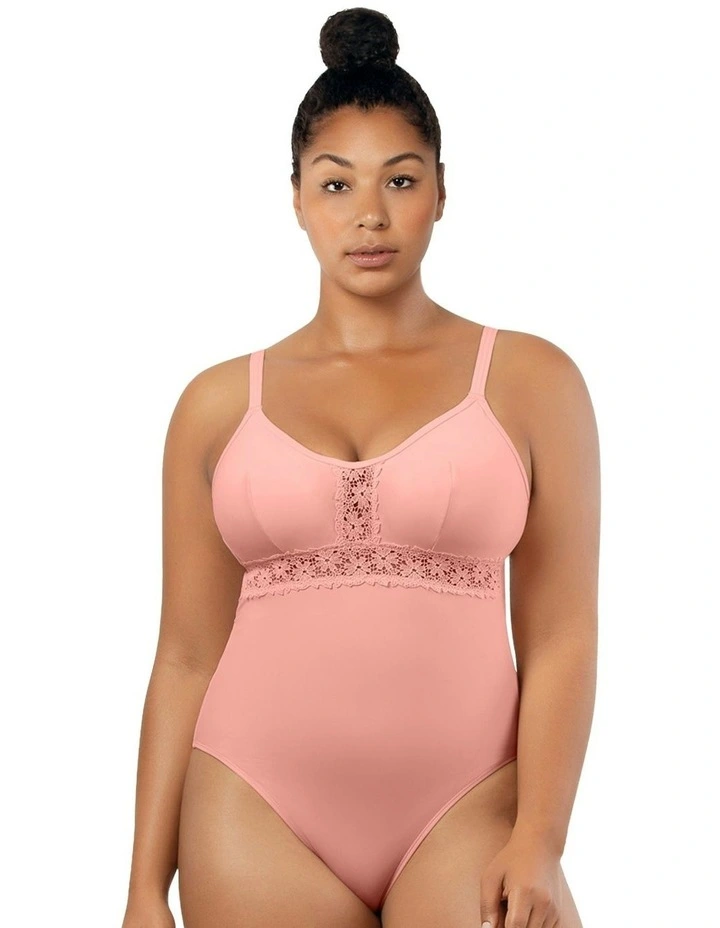 Brigitte Low Back One Piece Swimsuit with Lace in Peach Bud