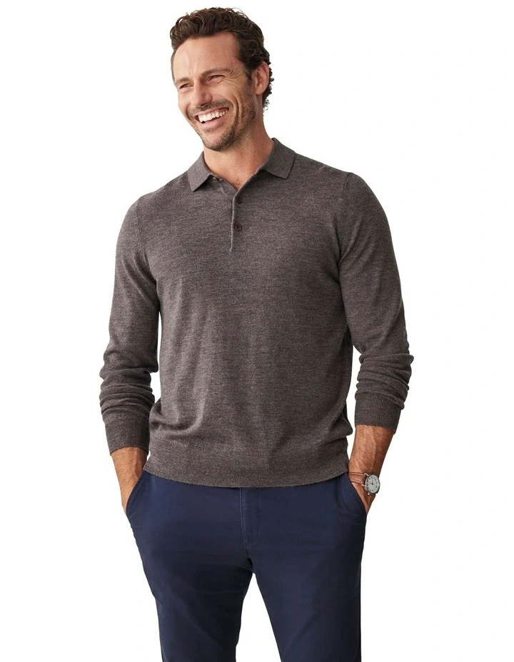 Merino Knit Long Sleeve Polo Shirt in Walnut