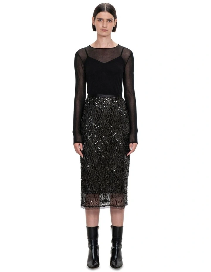 Sequinned Lurex Pencil Skirt in Black