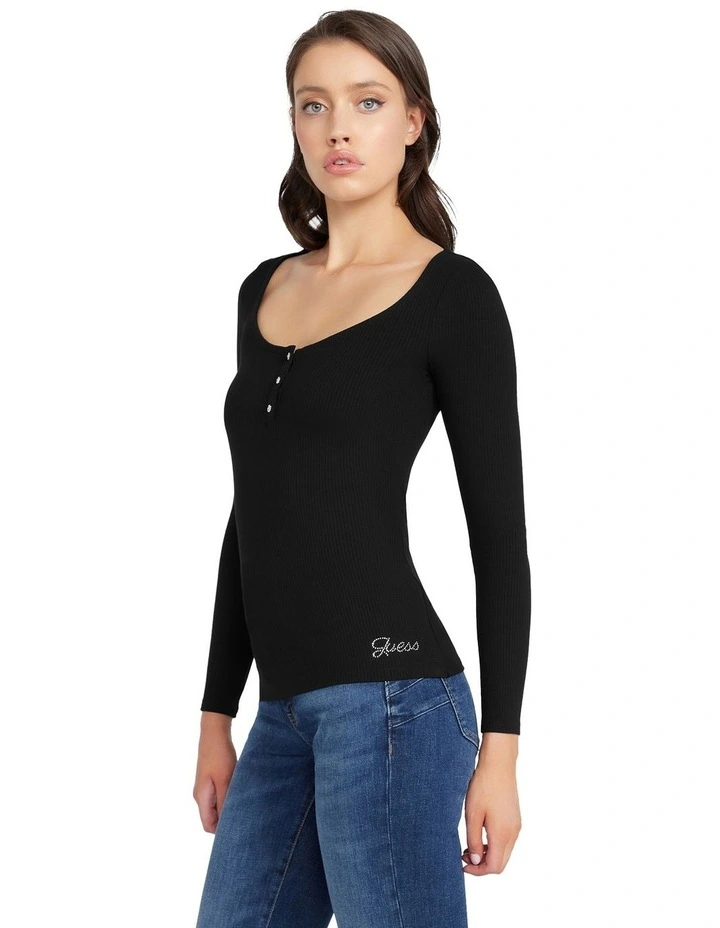 Long Sleeve Karlee Jewel Button Henley Tee in Black