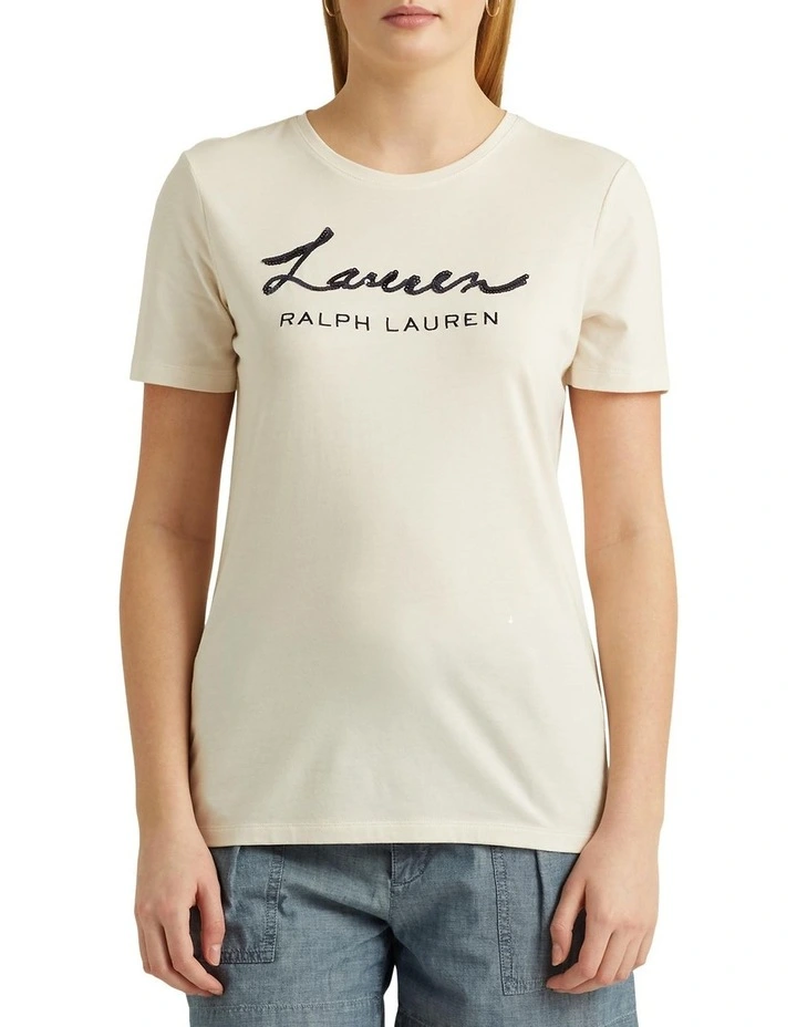 Sequined Logo Jersey Tee in Natural