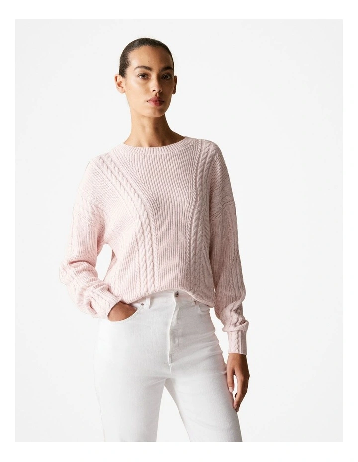 Cotton Cashmere Cable Pullover in Pale Pink