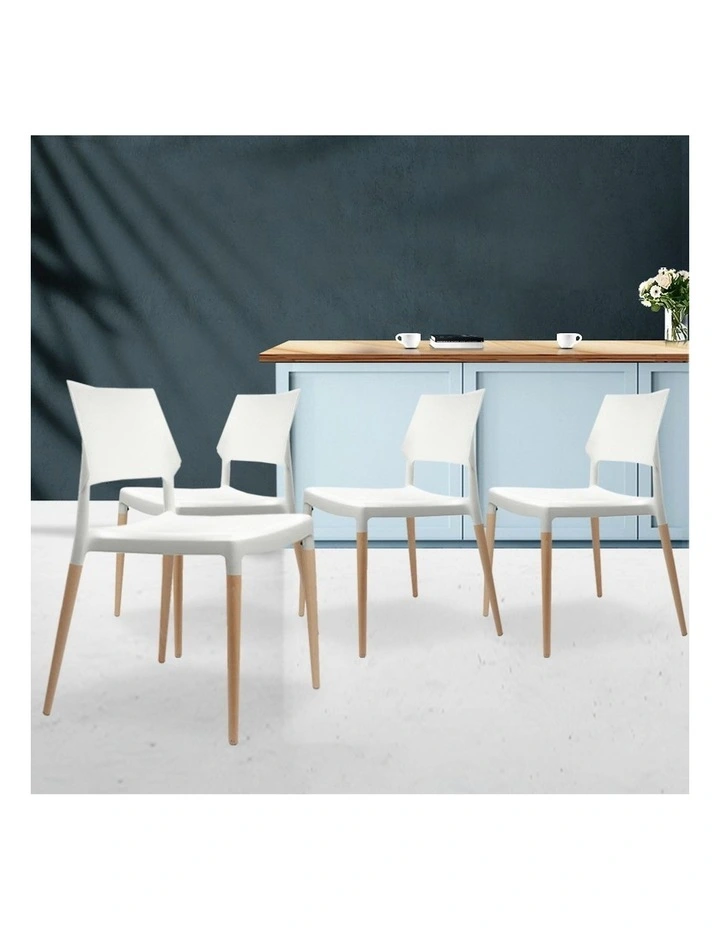 Dining Chairs Plastic Wooden Stackable Set of 4 in White