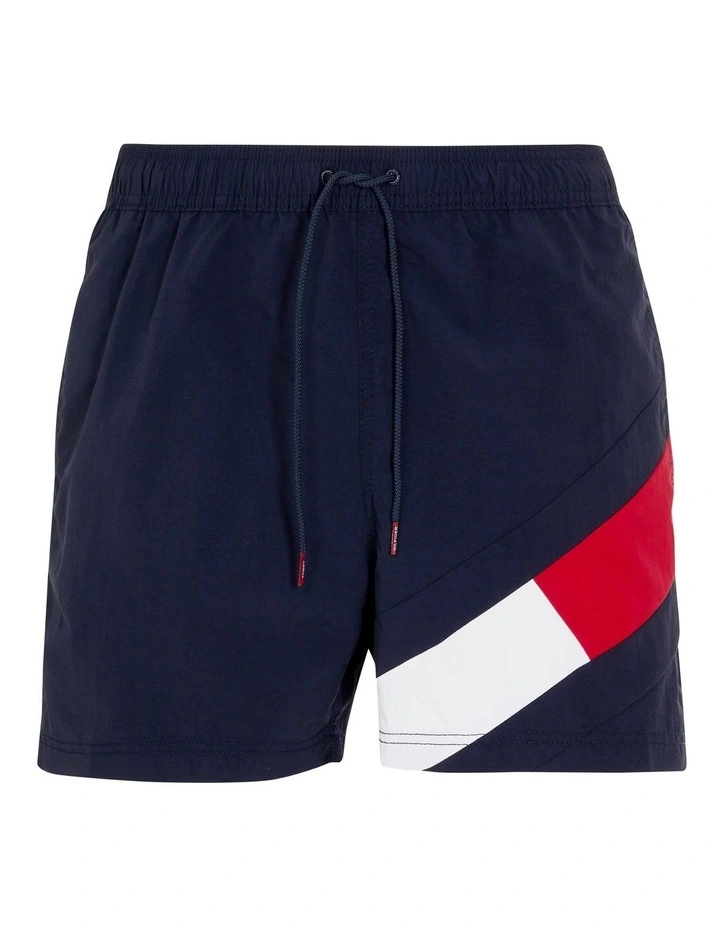 Flag Mid Length Drawstring Swim Shorts in Blue