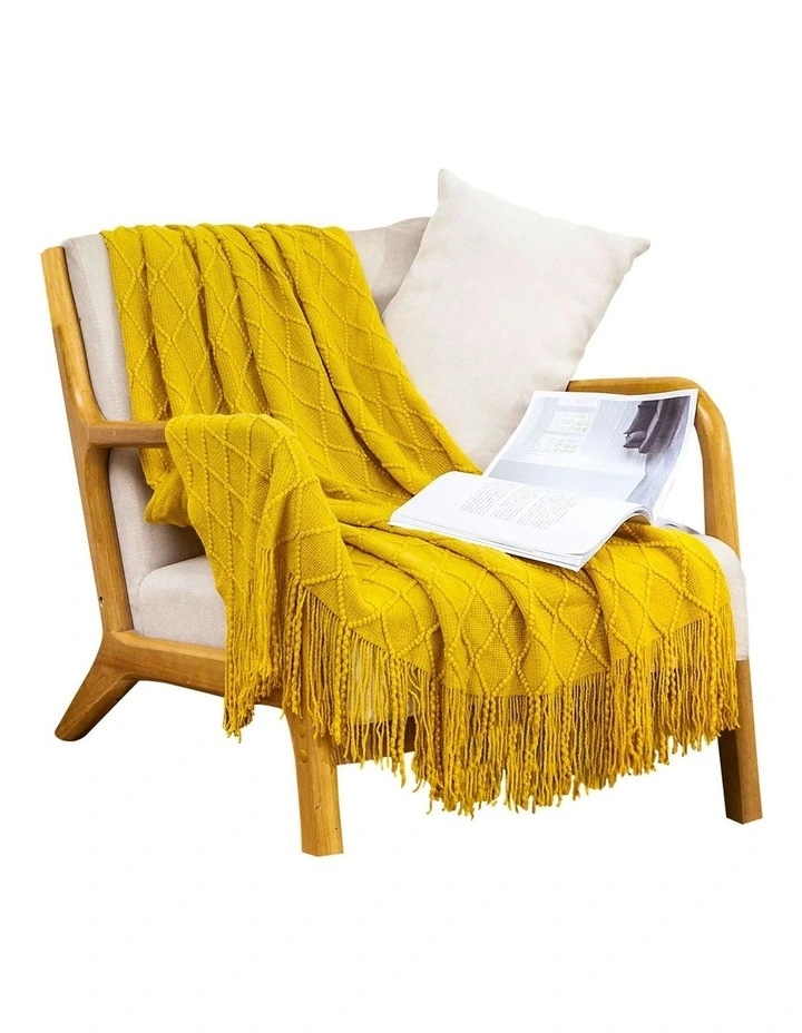 Diamond Pattern Warm Knitted Throw Blanket in Yellow