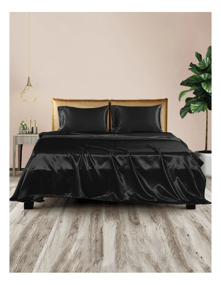 Silky Satin Fitted Flat Bed Sheet Pillowcases Queen in Black
