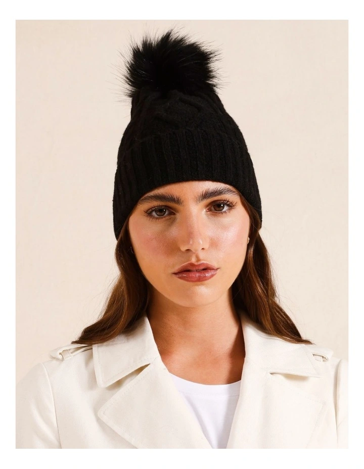 Cable Beanie With Pom in Black