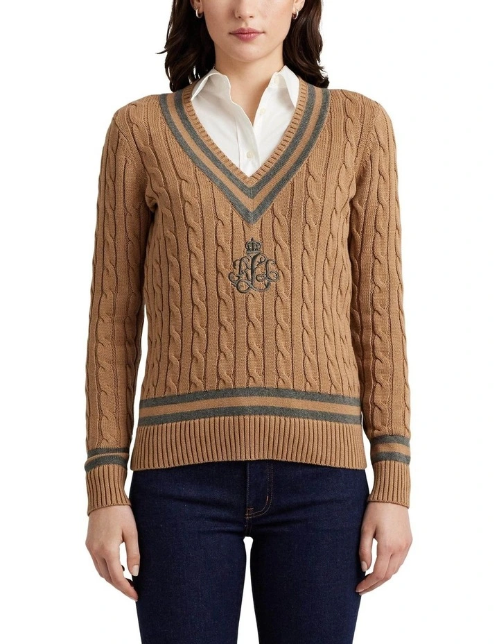 Cable-Knit Cotton Cricket Sweater in Beige
