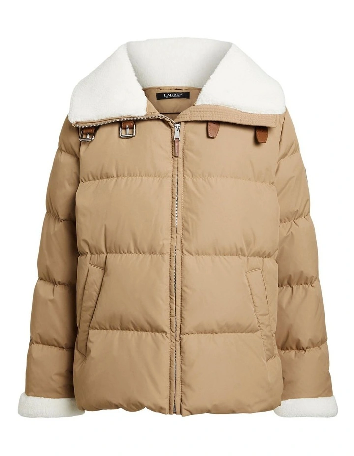 Faux-Shearling-Trim Down Coat in Beige
