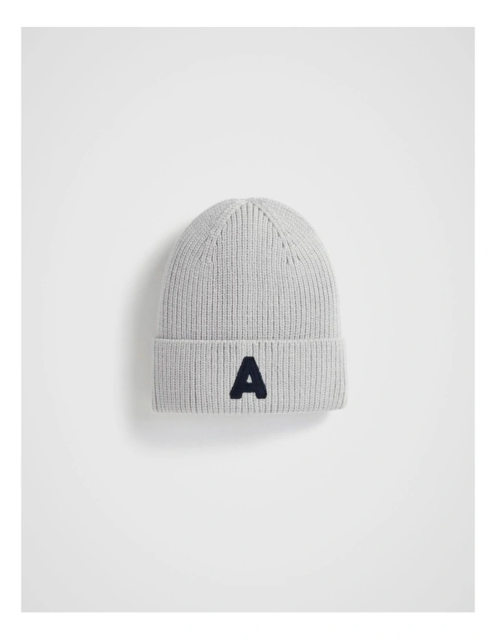 Rib Initial Beanie A in White
