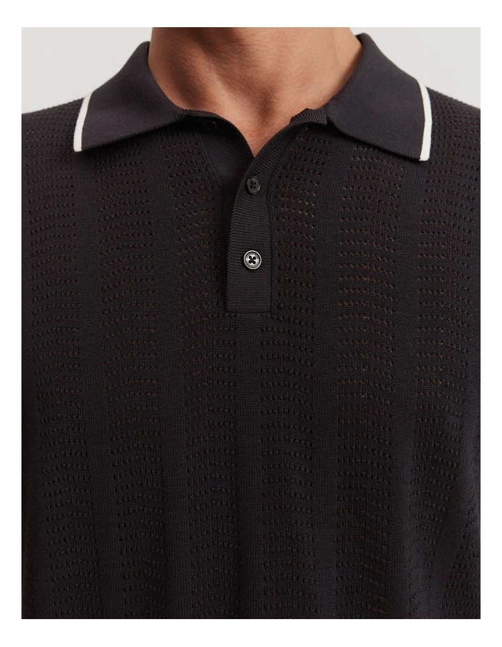 Cotton Silk Textured Stripe Polo Shirt in Black