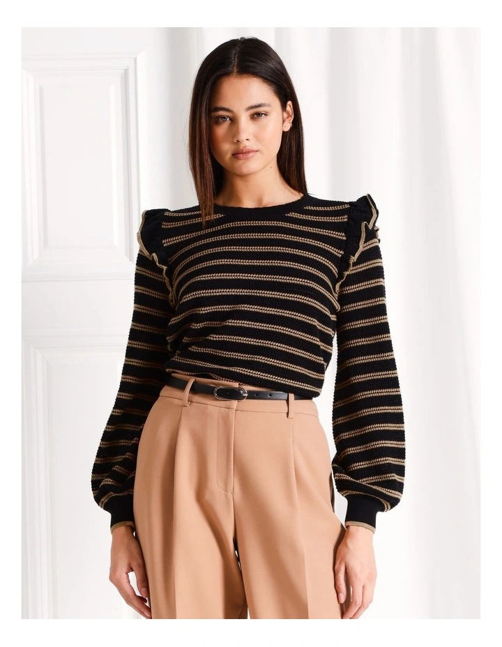 Frill Shoulder Striped Knit Jumper in Black