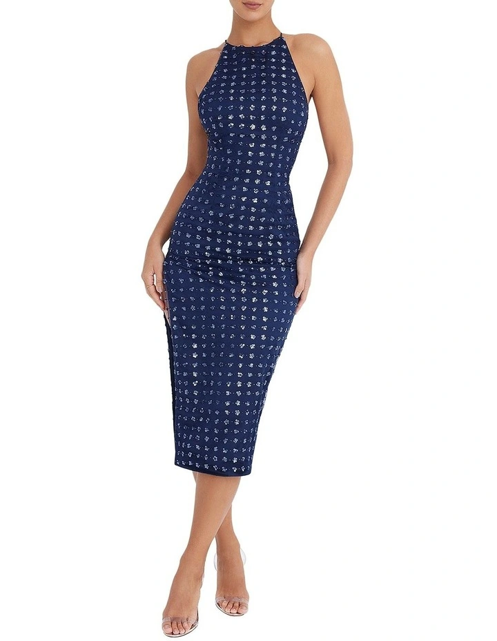 Blue Beaded Midi Dress in Blue