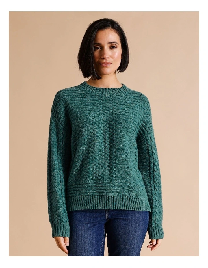 Patchwork Jumper With Straight Hem In Green Fleck
