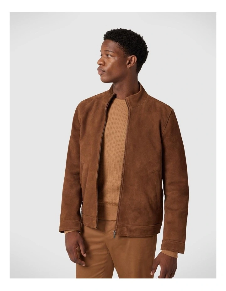 Suede Leather Racer Jacket in Rich Tan