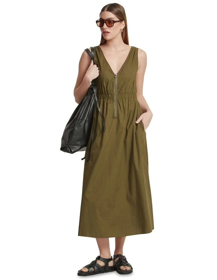 Leona Zip Up Cotton Dress in Olive