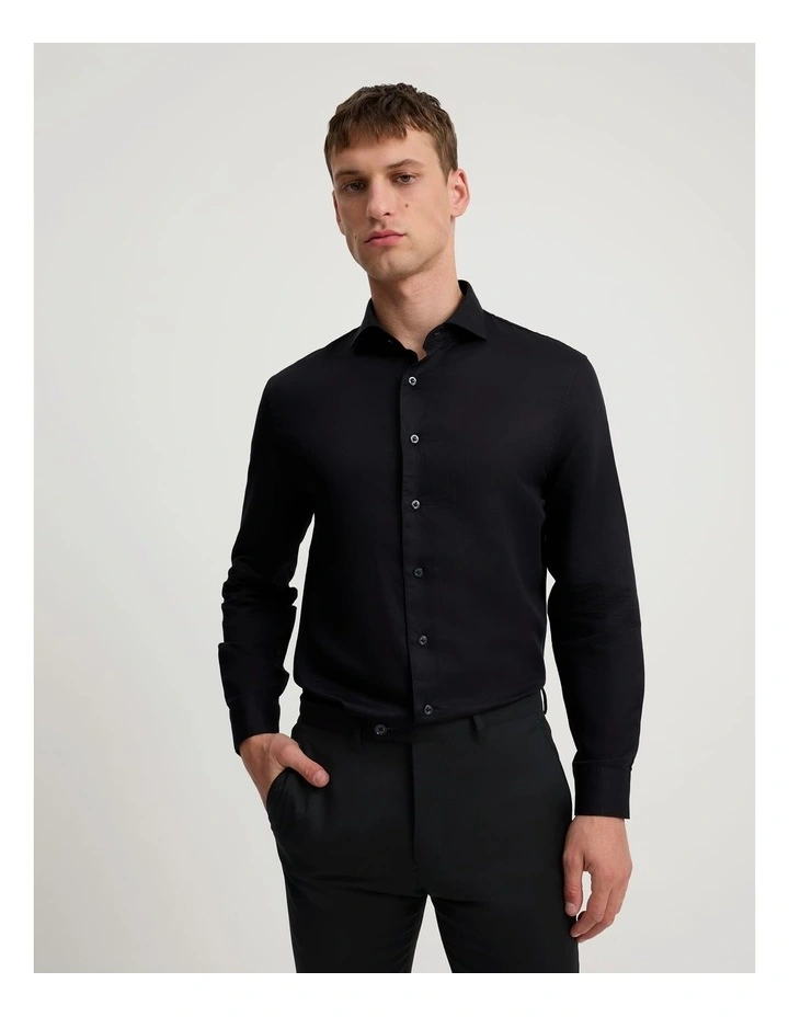 Tailored Fit Cotton Linen Shirt in Black