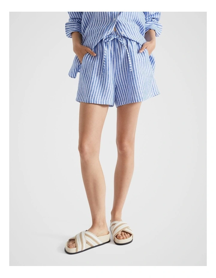 Linen Paperbag Short in Deep Ocean Stripe