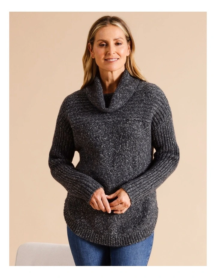 Recycled Polyester Blend Rib Yoke And Sleeve Cowl Neck Jumper In Charcoal