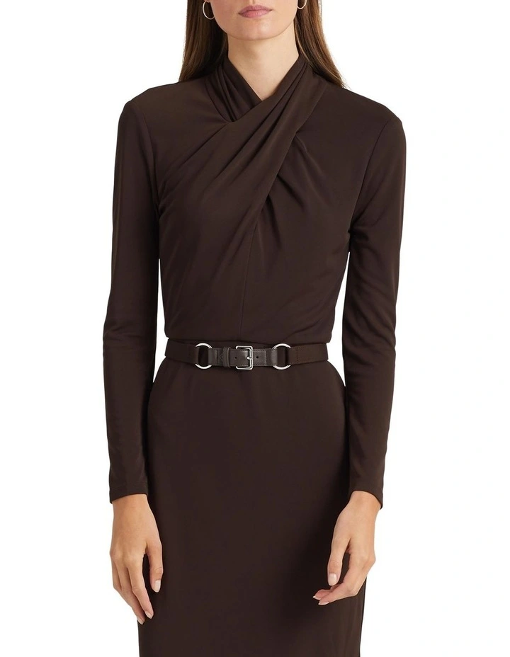Belted Mockneck Jersey Dress in Brown