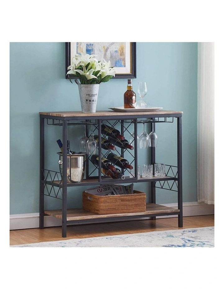 Industrial Wine Rack Table with Glass Holder Brown