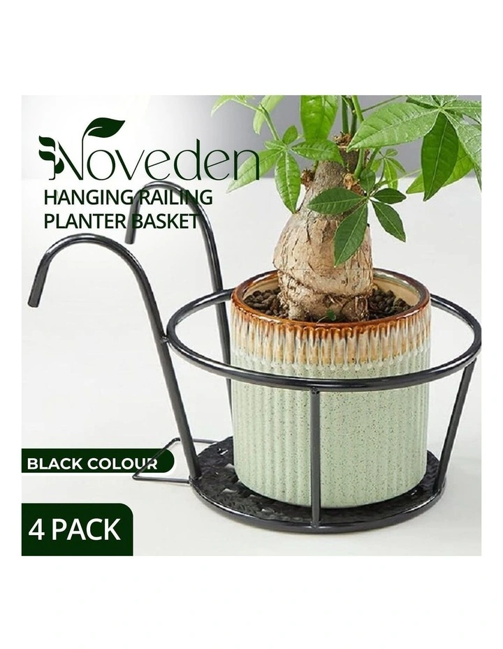 Hanging Railing Planter Baskets Garden Flower Pot Holder 4 Pack in Black