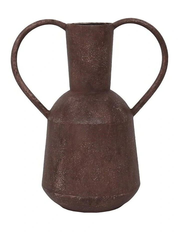 Decorative Metal Aged Vase Pot With 'Heart' Handles 37cm in Brown