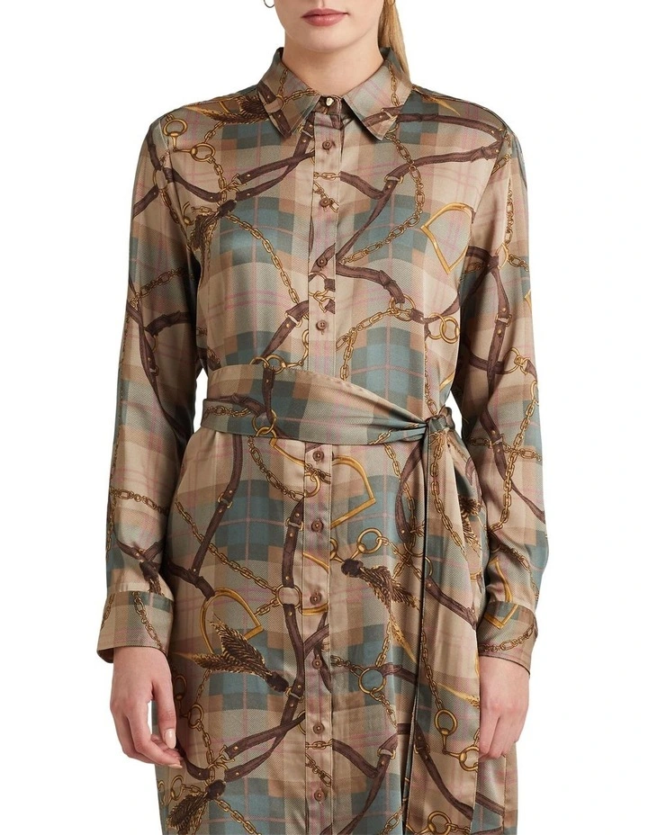 Plaid Twill Shirtdress in Beige