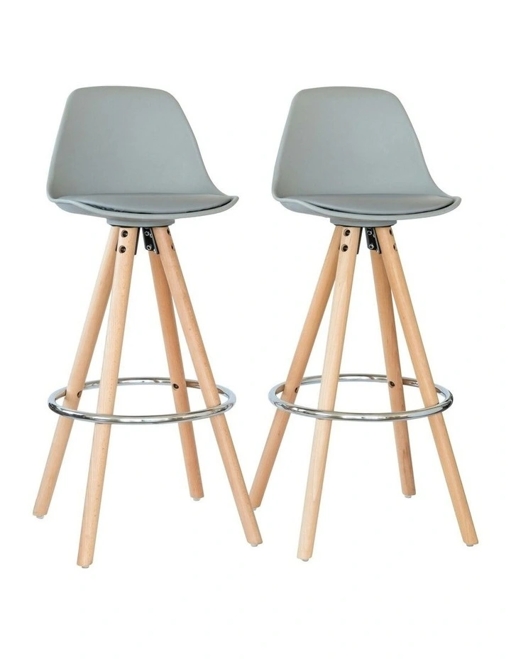PU Leather Padded Barstools with Metal Footrest Set of 2 in Light Grey/Wood